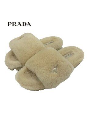Prada Flat Sandals Shoes Sheep Fur Beige Mules Logo Plate
